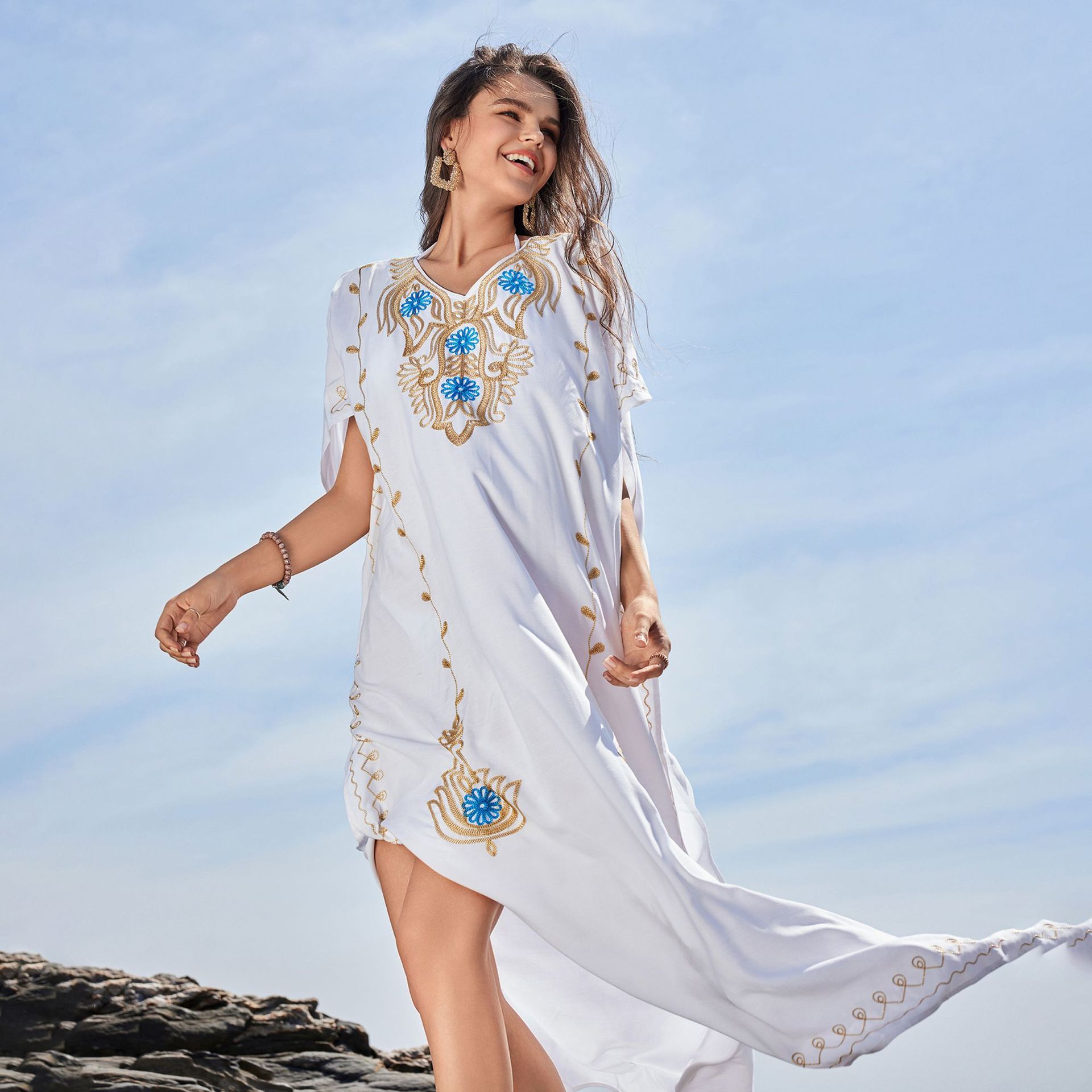 Women Embroidery Short Sleeve Beach Kaftan Side Split Cover Up Dress